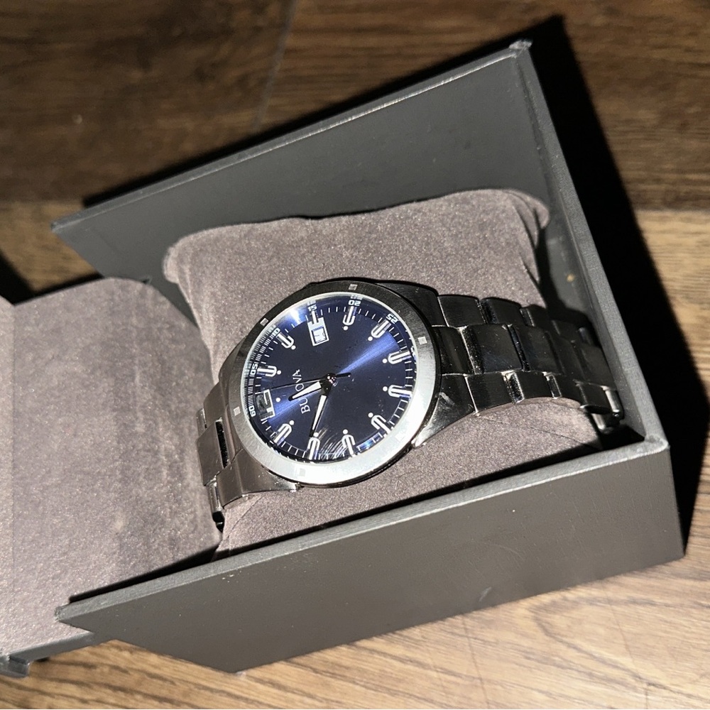 Bulova Men's Silver and Blue Watch